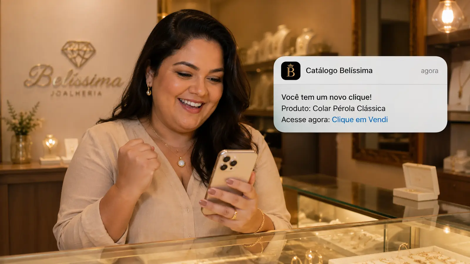 Dono de loja recebendo aviso de venda no celular