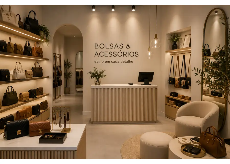 Interior de uma loja de bolsas e acessórios
