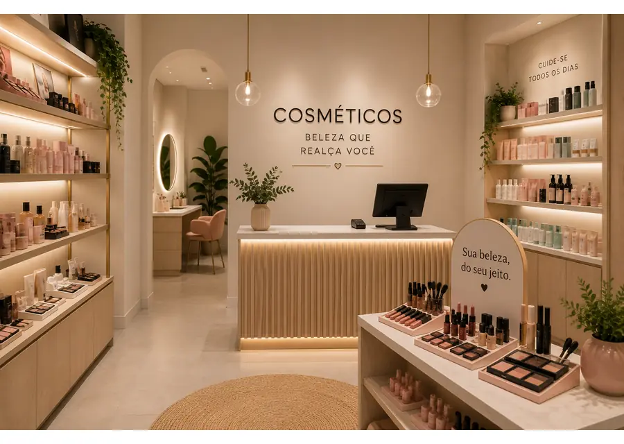 Interior de uma loja de cosméticos com bancada de maquiagem