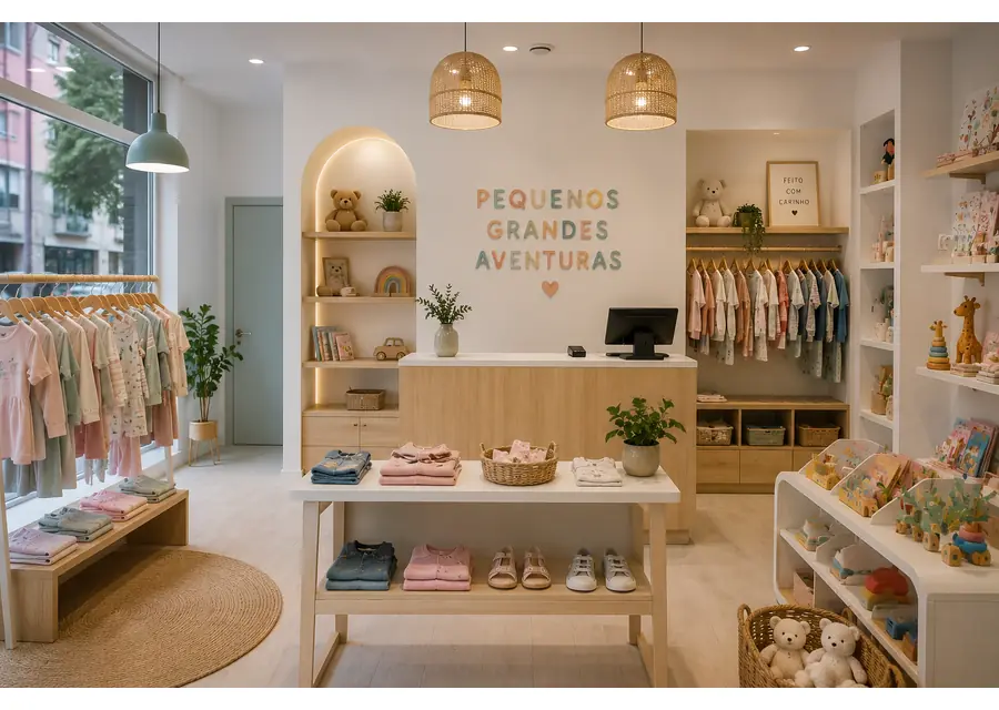 Interior de uma loja infantil com roupas de criança