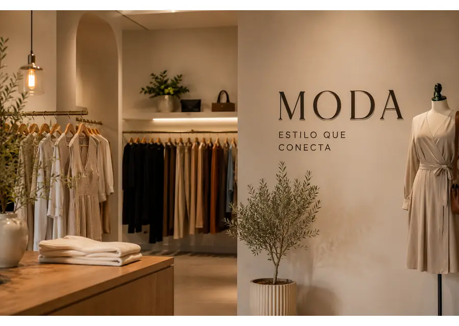 Interior de uma loja de moda com araras de roupas