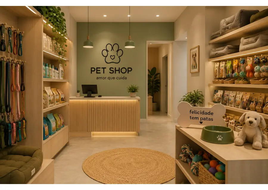 Interior de um pet shop com produtos para animais