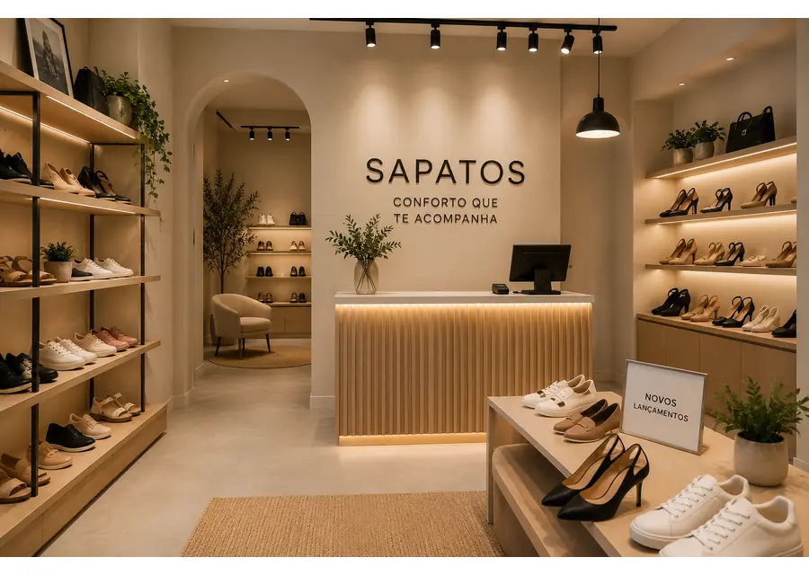 Interior de uma loja de calçados com prateleiras de sapatos